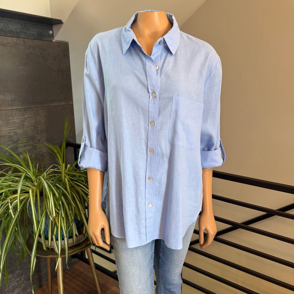 NWOT Love Tree Light Blue Linen Blend Boyfriend Button Down Shirt Size L Beach